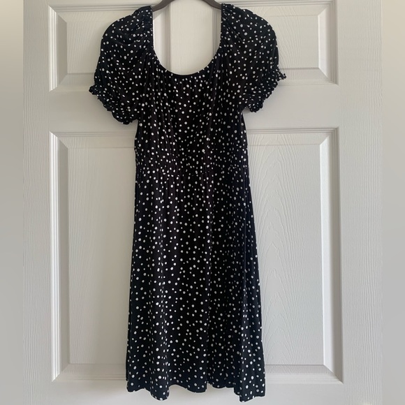 LOFT Zoo Dot Smocked Square Neck Rayon Dress Black and White Polka Dot Size M - Picture 4 of 7